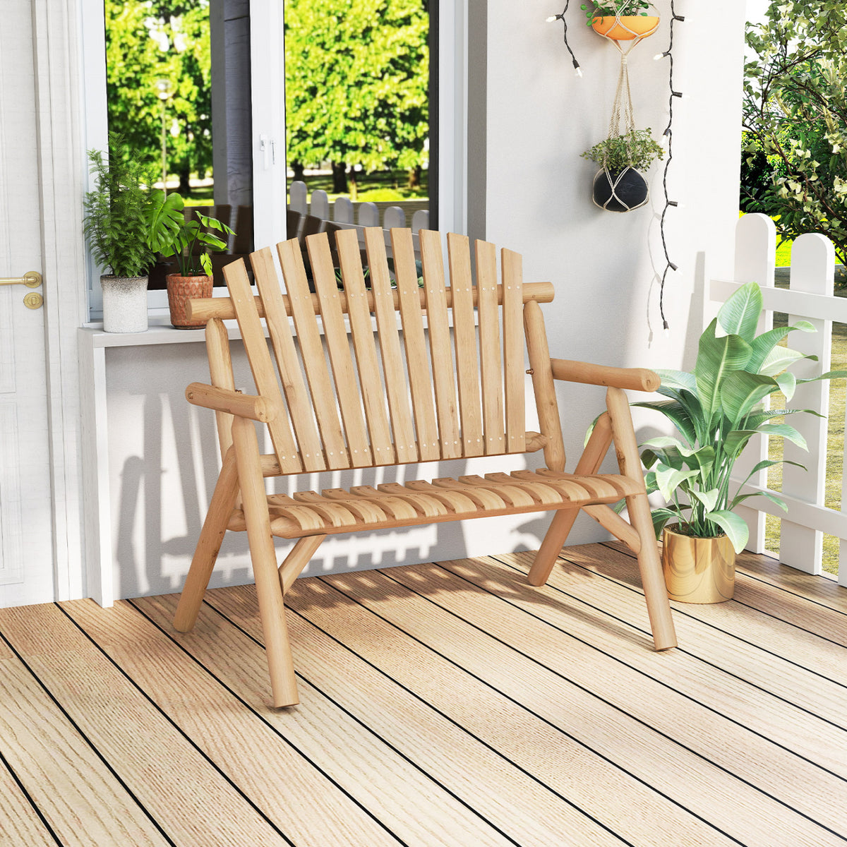 2-Person Log Wood Patio Bench with Slatted Backrest for Deck Backyard-Natural view 3