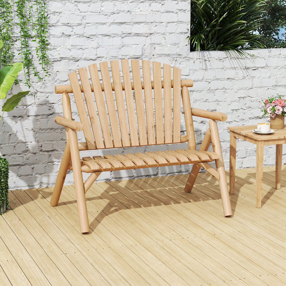 2-Person Log Wood Patio Bench with Slatted Backrest for Deck Backyard-Natural view 4