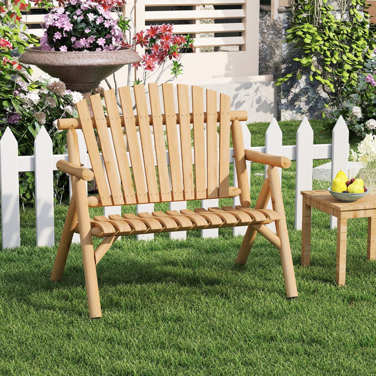 2-Person Log Wood Patio Bench with Slatted Backrest for Deck Backyard-Natural view 5