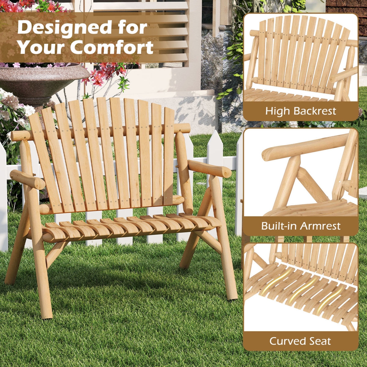 2-Person Log Wood Patio Bench with Slatted Backrest for Deck Backyard-Natural view 7