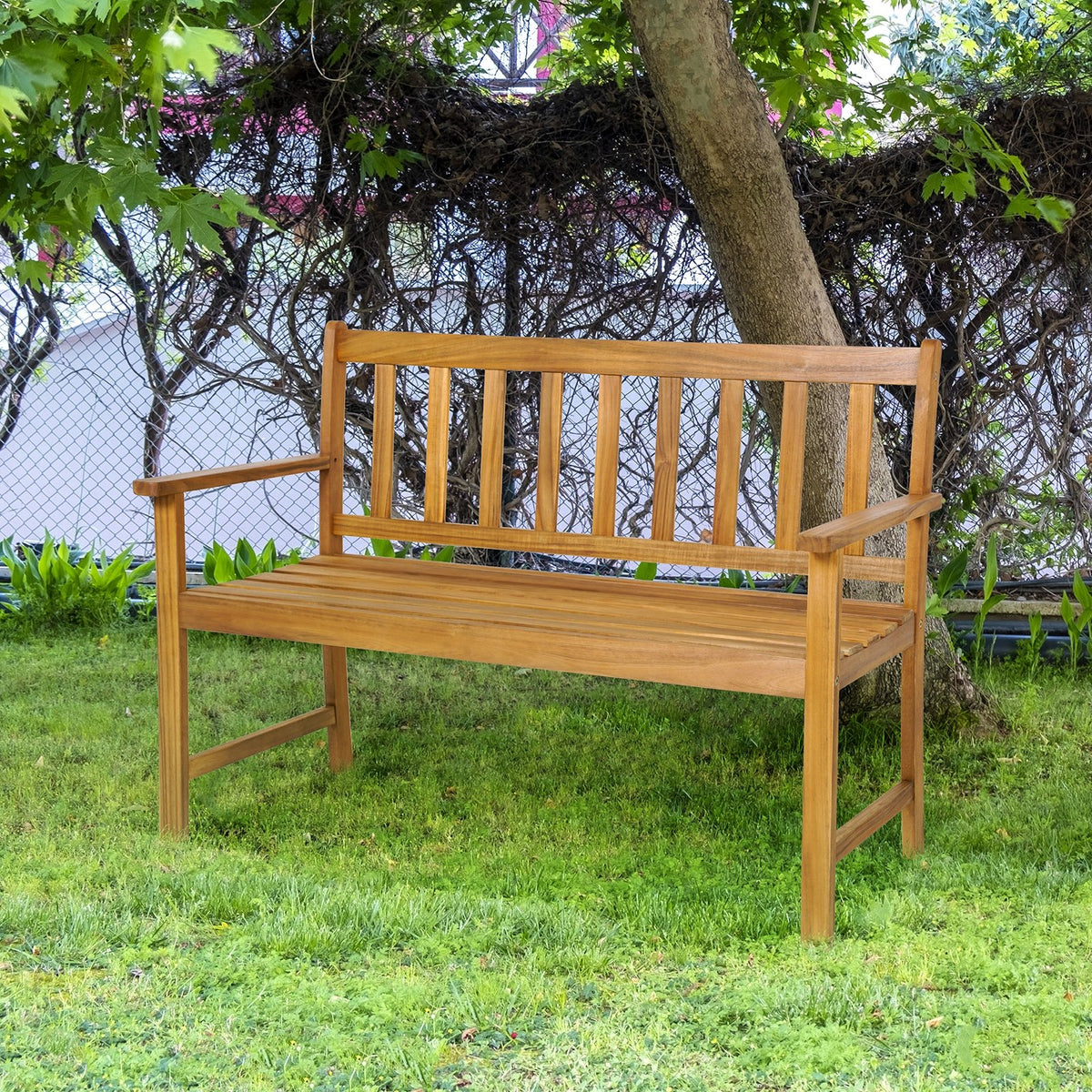 2-Person Outdoor Acacia Wood Bench with Backrest view 3