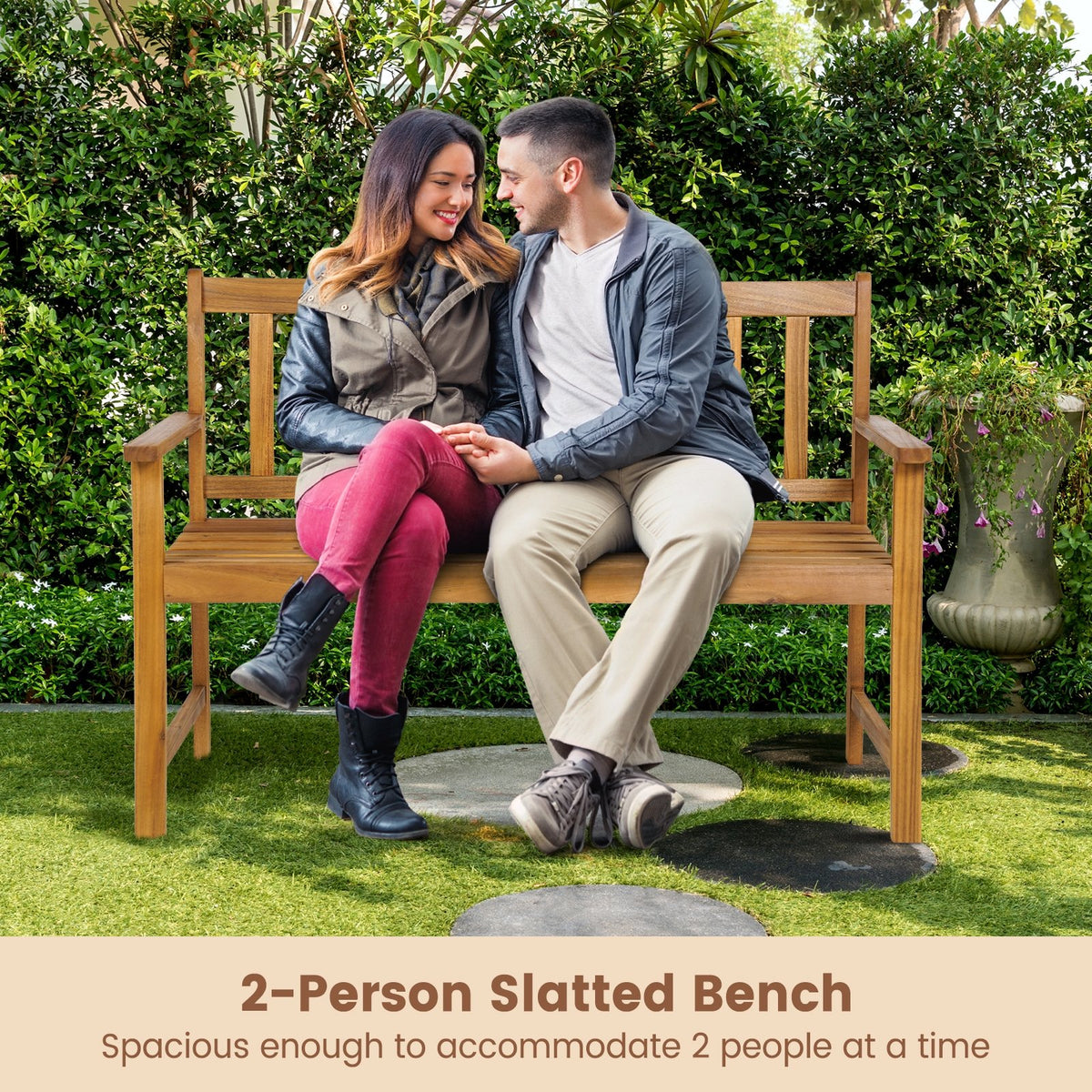 2-Person Outdoor Acacia Wood Bench with Backrest view 5