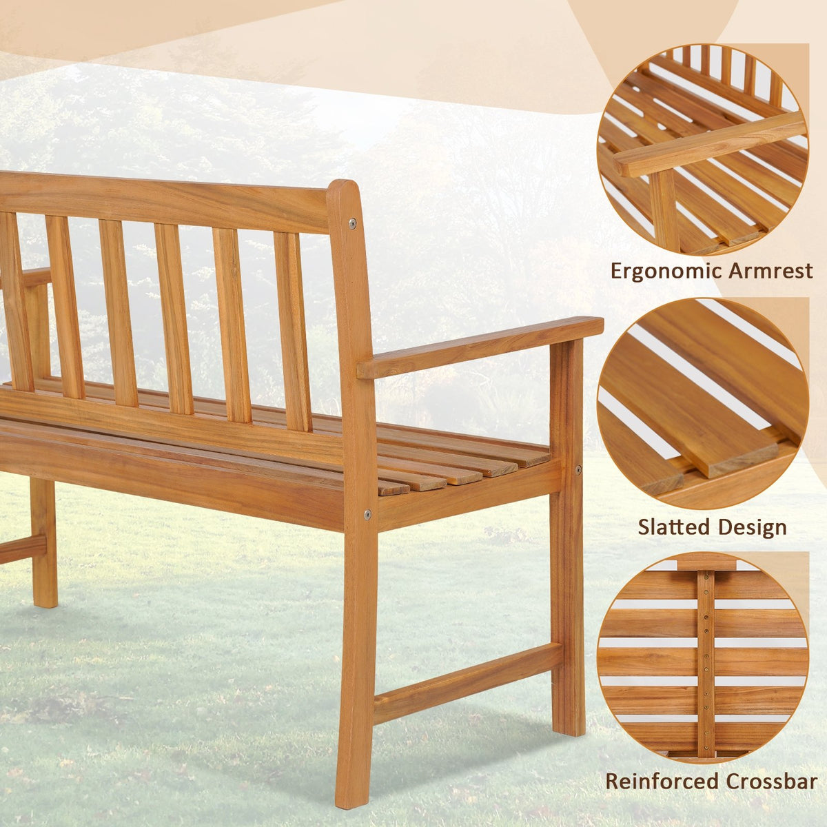 2-Person Outdoor Acacia Wood Bench with Backrest view 9