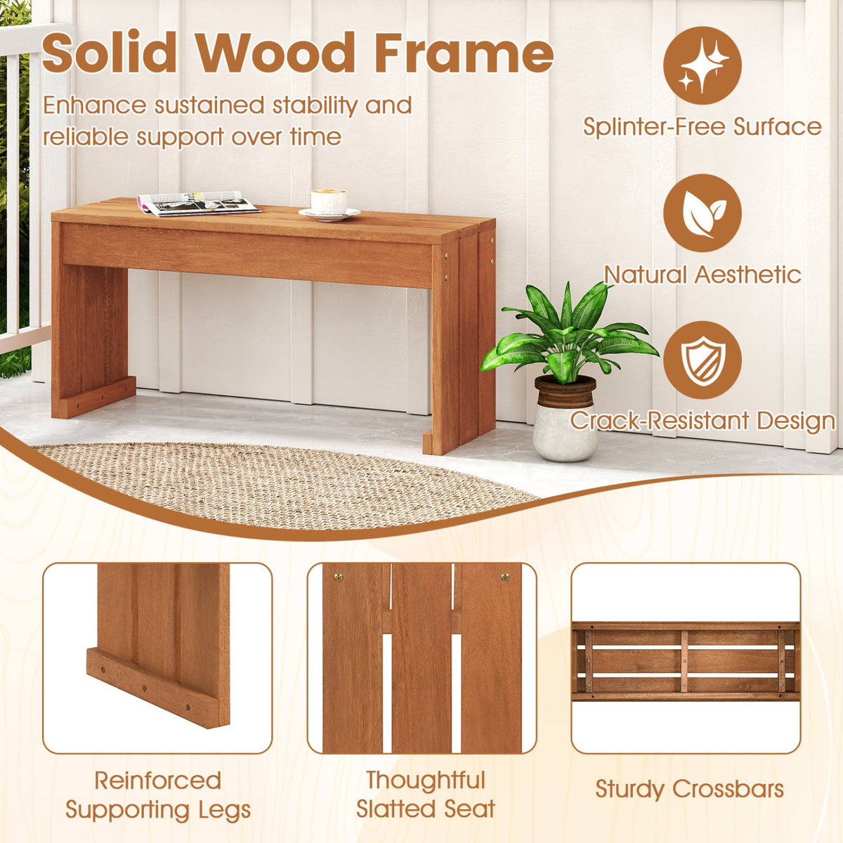 2-Person Outdoor Garden Bench with Solid Wooden Frame for Backyard view 8