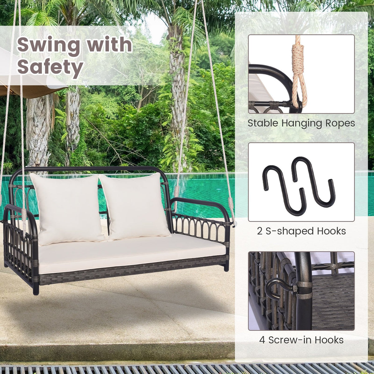 2-Person Outdoor Hanging Chair with Ropes-Gray view 8