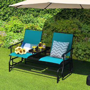 2-Person Double Rocking Loveseat with Mesh Fabric and Center Tempered Glass Table-Turquoise view 2