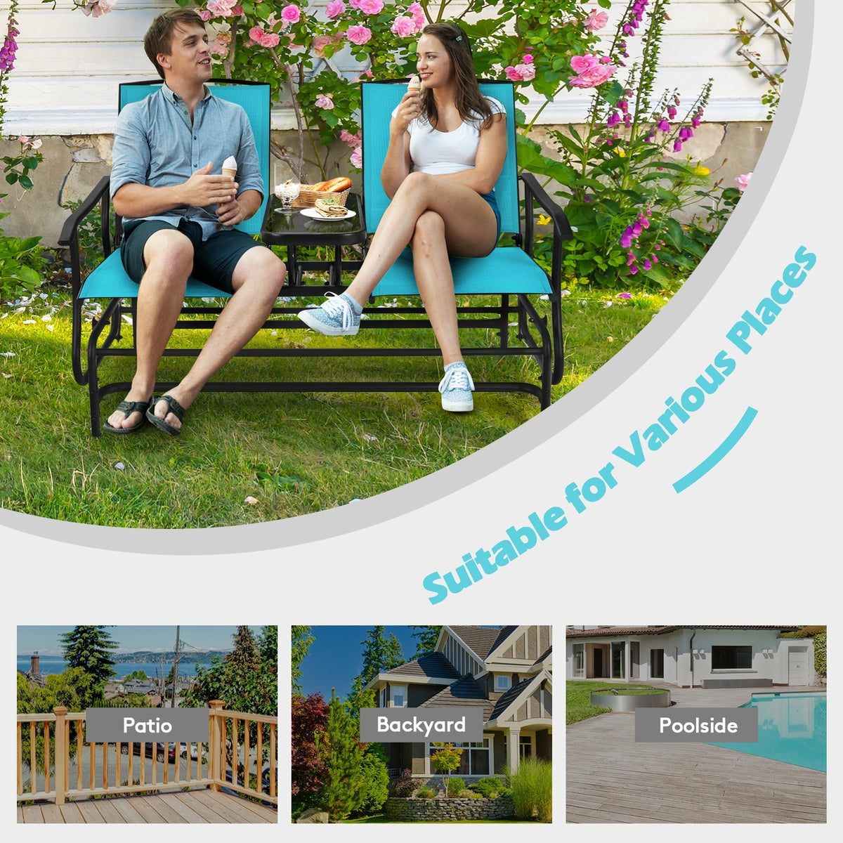 2-Person Double Rocking Loveseat with Mesh Fabric and Center Tempered Glass Table-Turquoise view 3