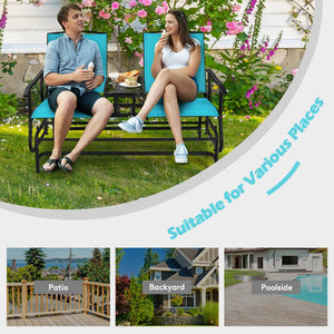2-Person Double Rocking Loveseat with Mesh Fabric and Center Tempered Glass Table-Turquoise view 3