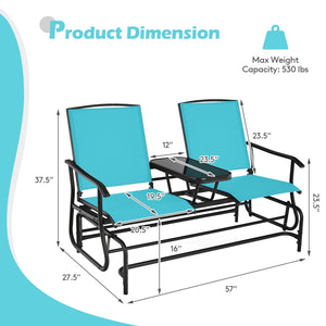 2-Person Double Rocking Loveseat with Mesh Fabric and Center Tempered Glass Table-Turquoise view 4
