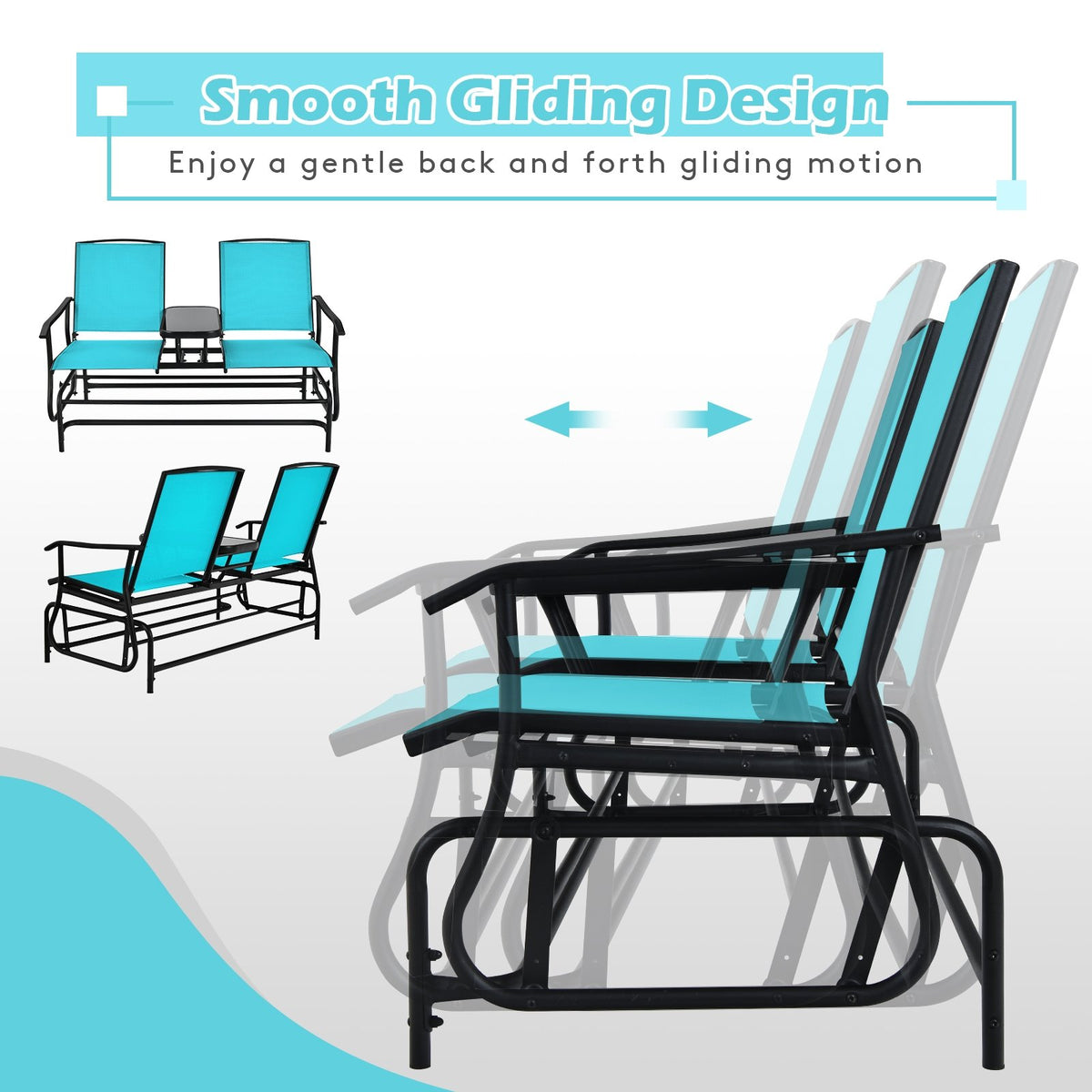 2-Person Double Rocking Loveseat with Mesh Fabric and Center Tempered Glass Table-Turquoise view 5