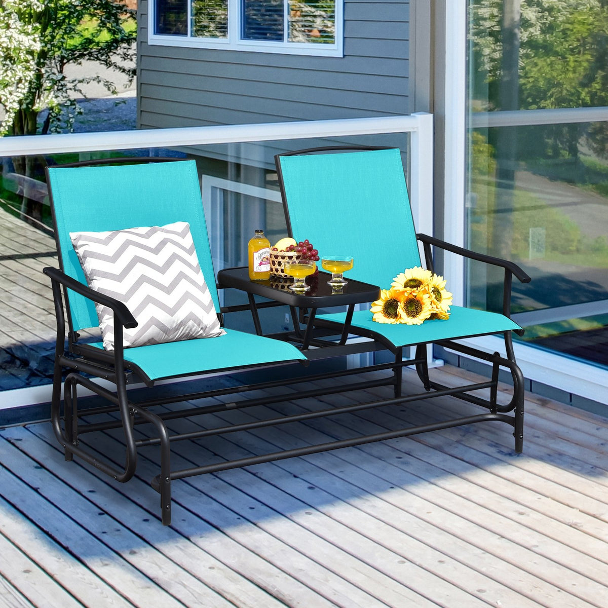 2-Person Double Rocking Loveseat with Mesh Fabric and Center Tempered Glass Table-Turquoise view 6