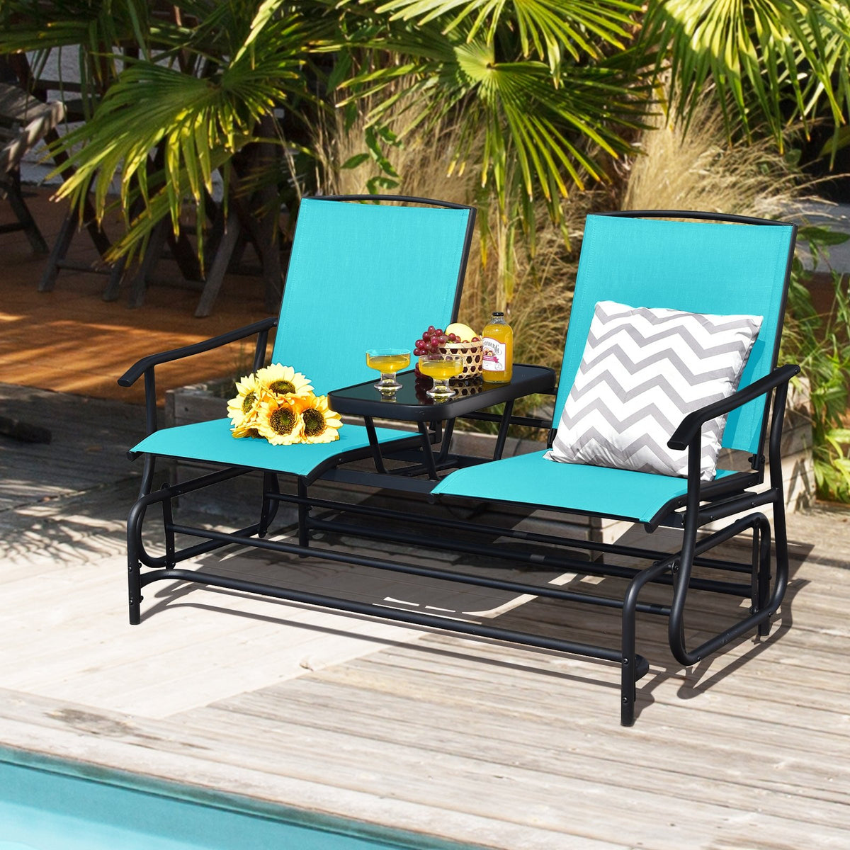 2-Person Double Rocking Loveseat with Mesh Fabric and Center Tempered Glass Table-Turquoise view 7