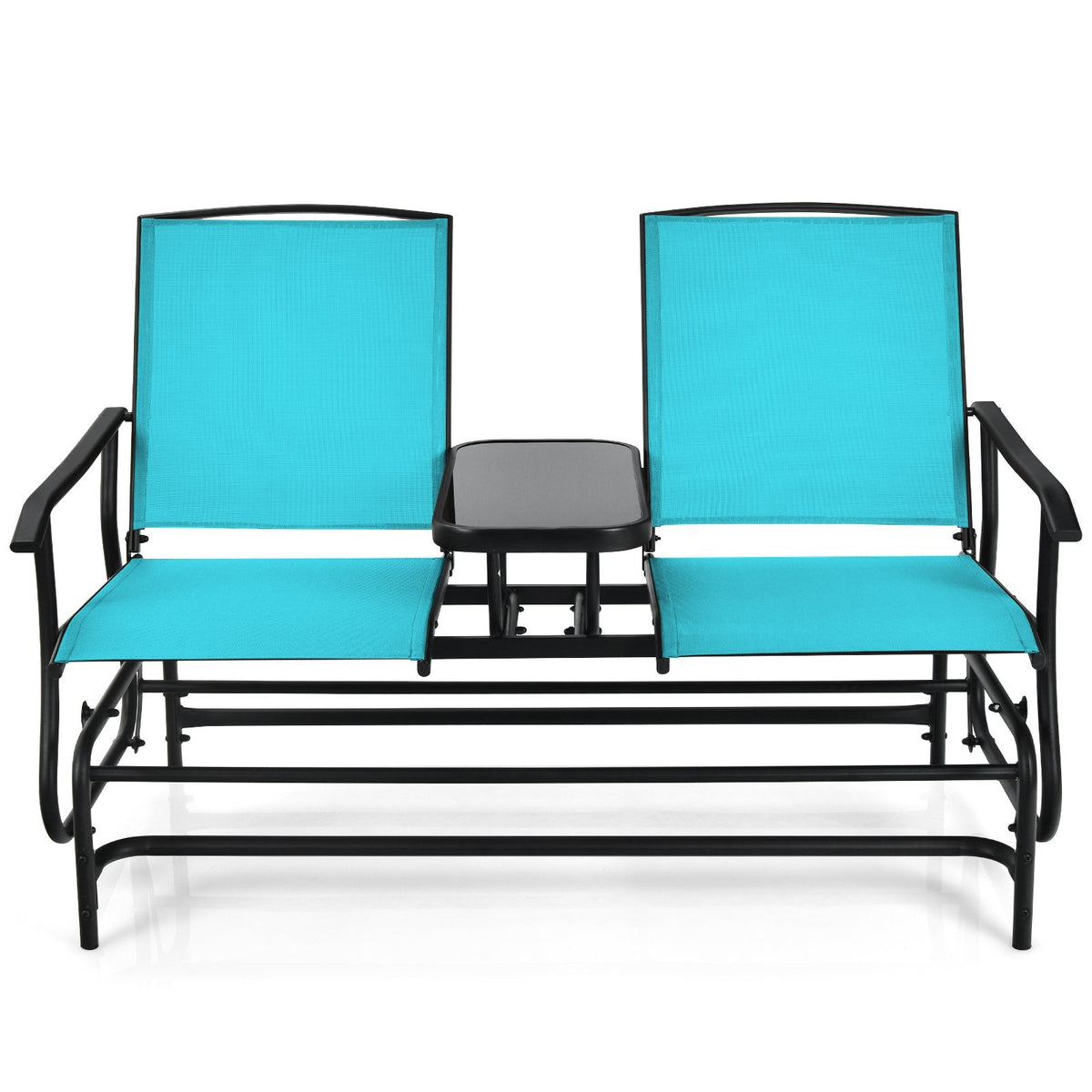 2-Person Double Rocking Loveseat with Mesh Fabric and Center Tempered Glass Table-Turquoise view 8