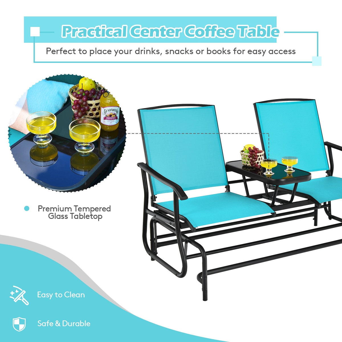 2-Person Double Rocking Loveseat with Mesh Fabric and Center Tempered Glass Table-Turquoise view 9