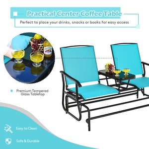2-Person Double Rocking Loveseat with Mesh Fabric and Center Tempered Glass Table-Turquoise view 9