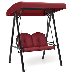 2-Person Outdoor Porch Swing with A-Shaped Metal Stand and Adjustable Canopy-Wine view 4