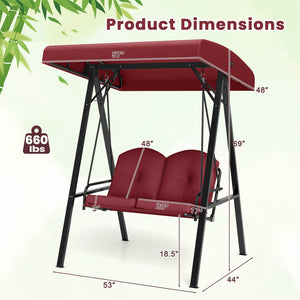 2-Person Outdoor Porch Swing with A-Shaped Metal Stand and Adjustable Canopy-Wine view 5