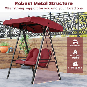 2-Person Outdoor Porch Swing with A-Shaped Metal Stand and Adjustable Canopy-Wine view 7