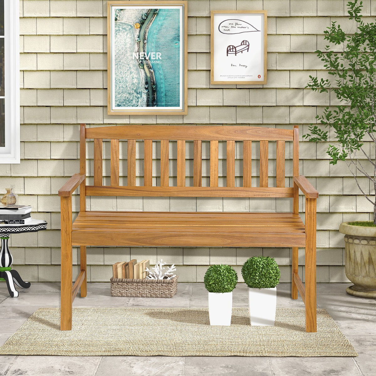 2-Person Patio Acacia Wood Bench with Backrest and Armrests view 3