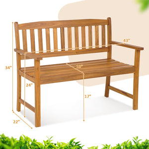 2-Person Patio Acacia Wood Bench with Backrest and Armrests view 4