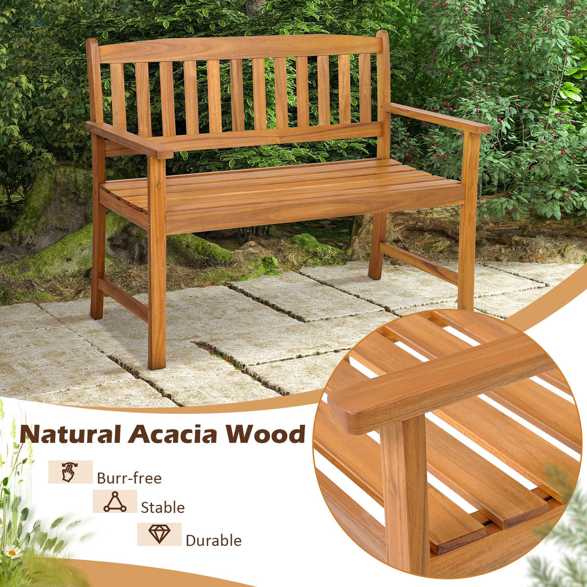 2-Person Patio Acacia Wood Bench with Backrest and Armrests view 6