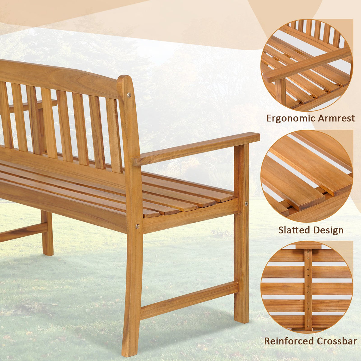 2-Person Patio Acacia Wood Bench with Backrest and Armrests view 7