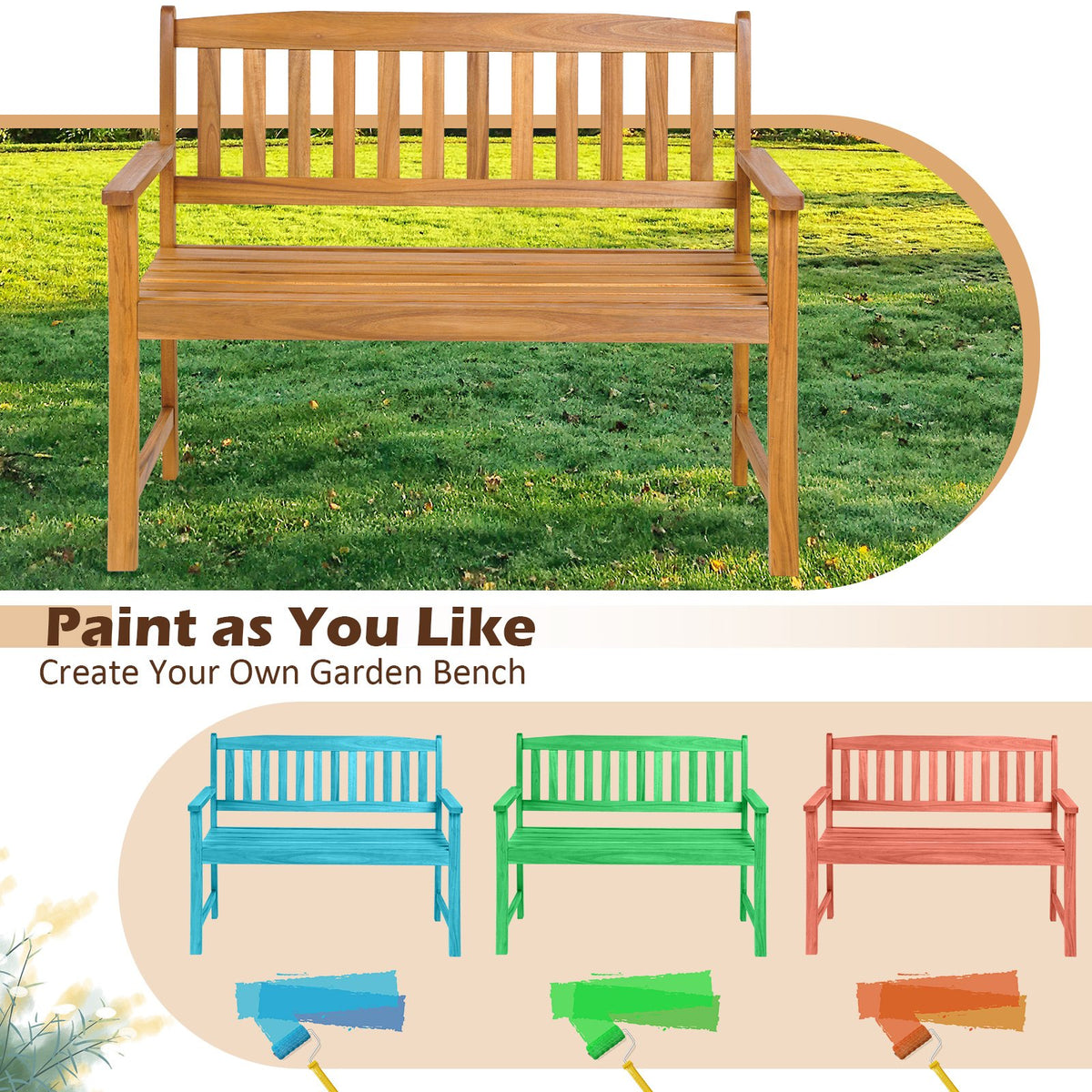 2-Person Patio Acacia Wood Bench with Backrest and Armrests view 8
