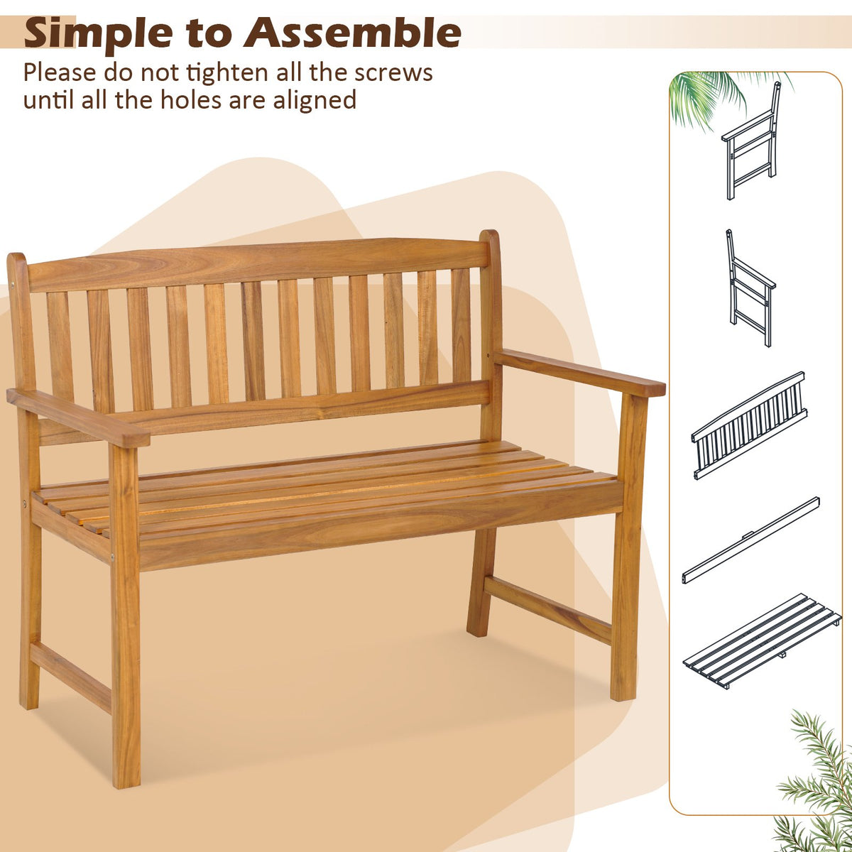 2-Person Patio Acacia Wood Bench with Backrest and Armrests view 9