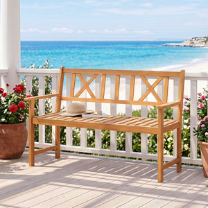 2-Person Patio Acacia Wood Garden Chair with Armrests and X-Shaped Backrest for Garden view 2