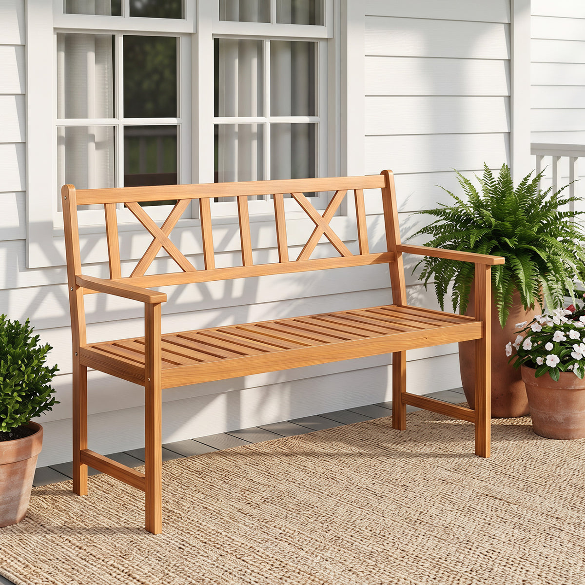 2-Person Patio Acacia Wood Garden Chair with Armrests and X-Shaped Backrest for Garden view 3