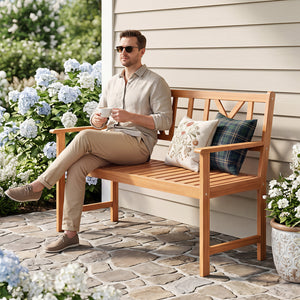 2-Person Patio Acacia Wood Garden Chair with Armrests and X-Shaped Backrest for Garden view 6