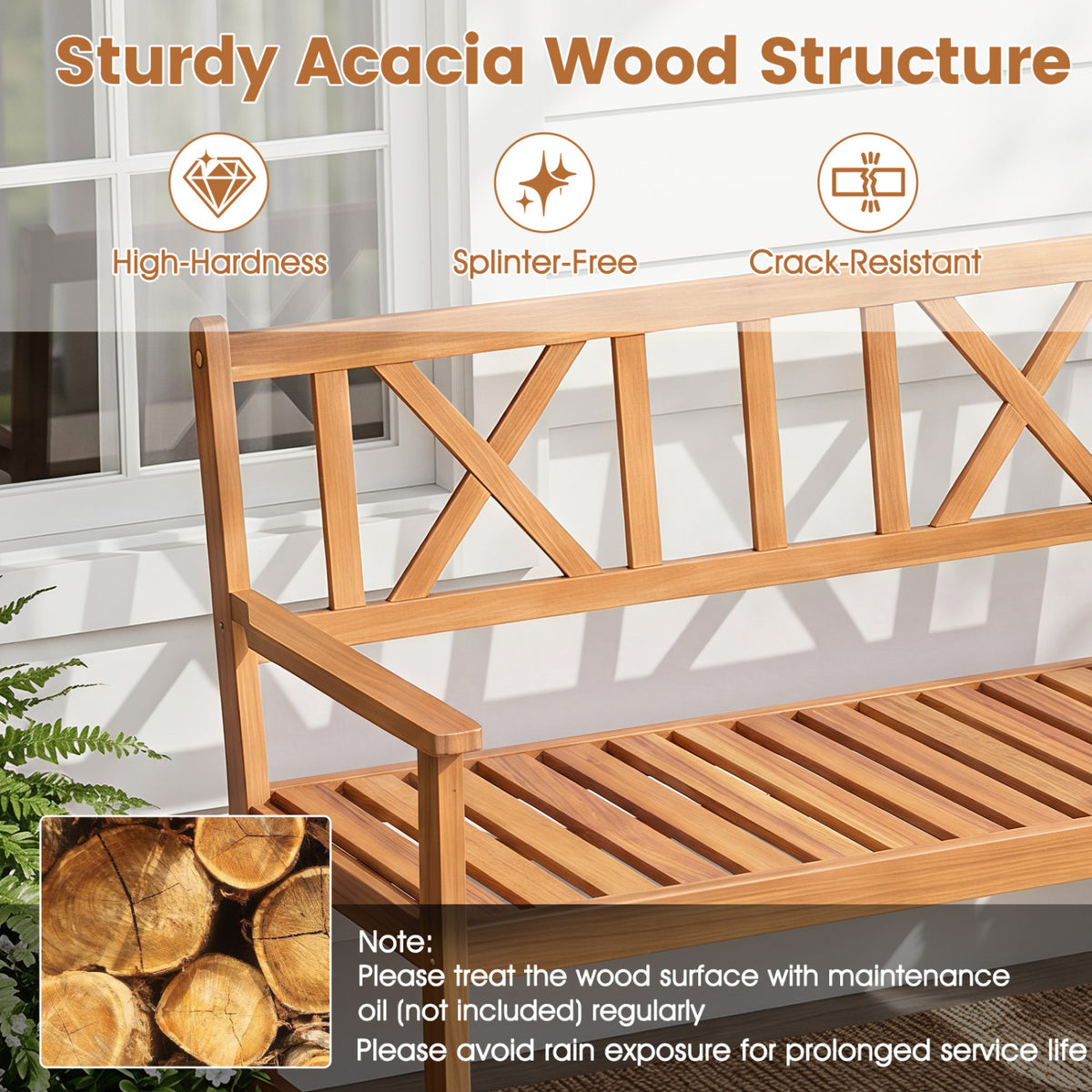 2-Person Patio Acacia Wood Garden Chair with Armrests and X-Shaped Backrest for Garden view 7