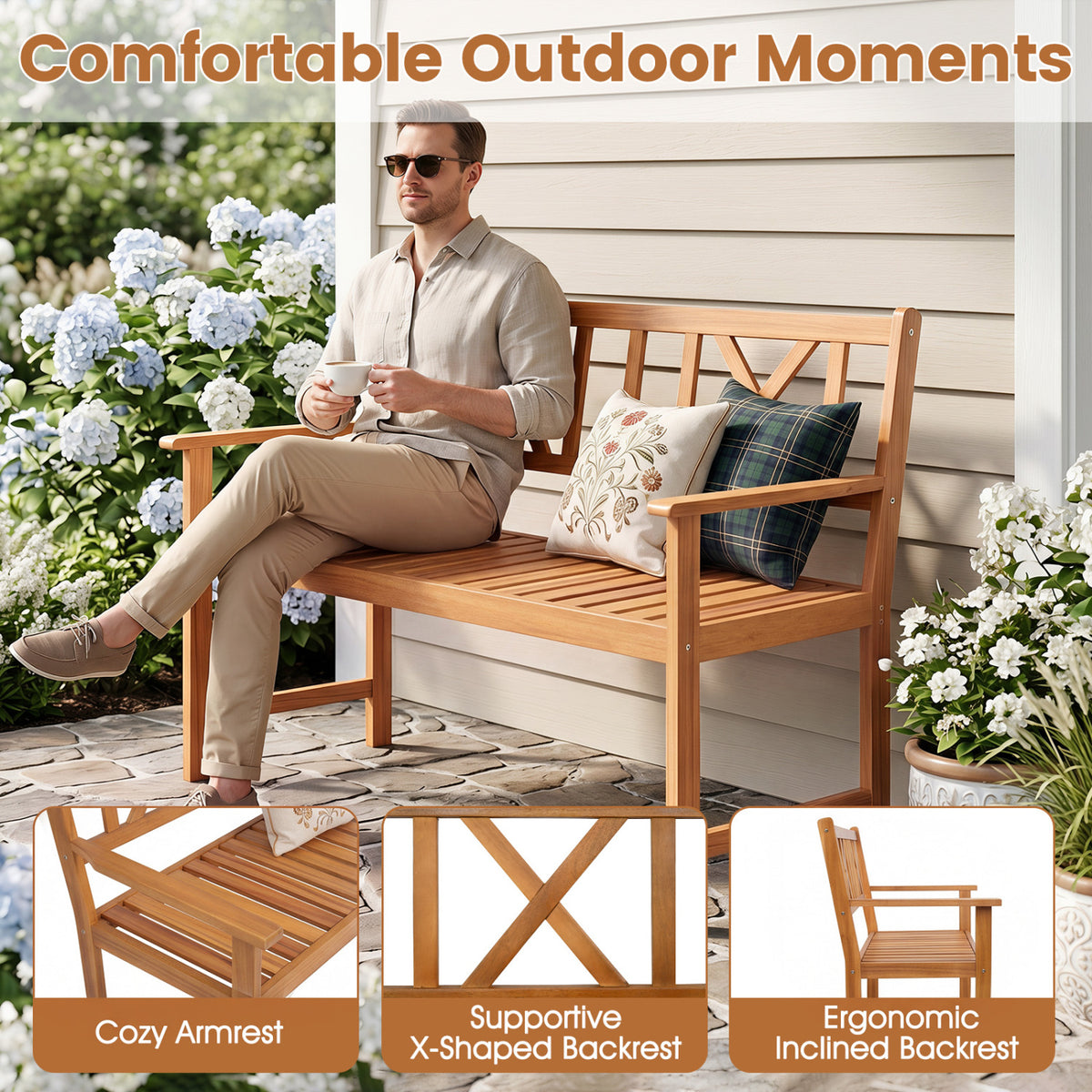 2-Person Patio Acacia Wood Garden Chair with Armrests and X-Shaped Backrest for Garden view 8