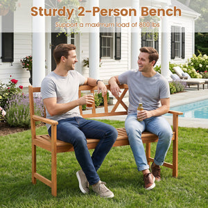 2-Person Patio Acacia Wood Garden Chair with Armrests and X-Shaped Backrest for Garden view 9