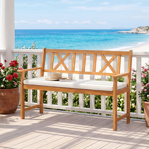2-Person Patio Acacia Wood Garden Chair with Removable Seat Cushion-Natural&White view 2