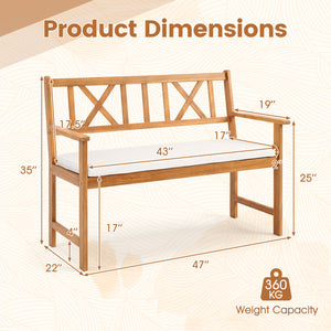 2-Person Patio Acacia Wood Garden Chair with Removable Seat Cushion-Natural&White view 4