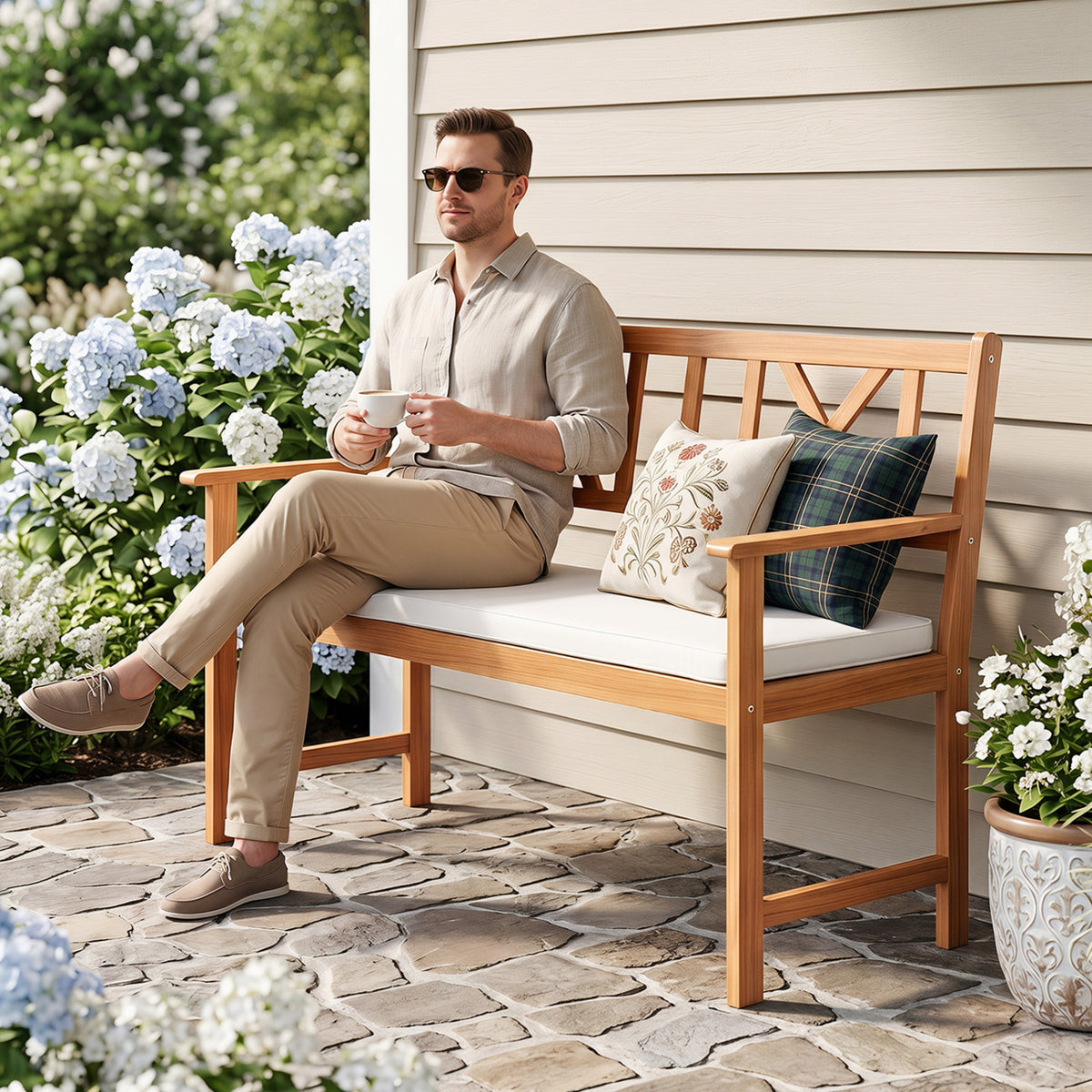 2-Person Patio Acacia Wood Garden Chair with Removable Seat Cushion-Natural&White view 5