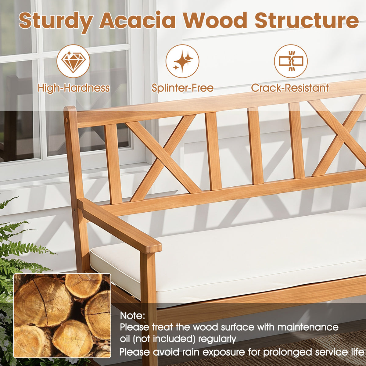 2-Person Patio Acacia Wood Garden Chair with Removable Seat Cushion-Natural&White view 6