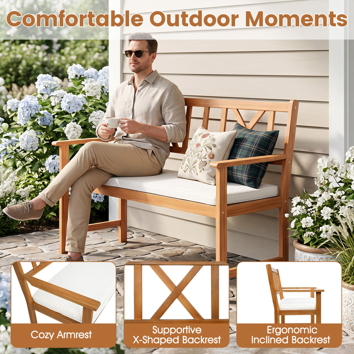 2-Person Patio Acacia Wood Garden Chair with Removable Seat Cushion-Natural&White view 7