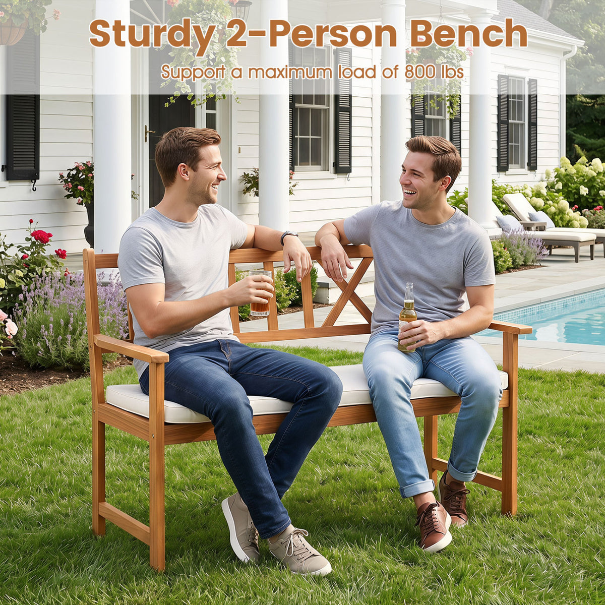 2-Person Patio Acacia Wood Garden Chair with Removable Seat Cushion-Natural&White view 8