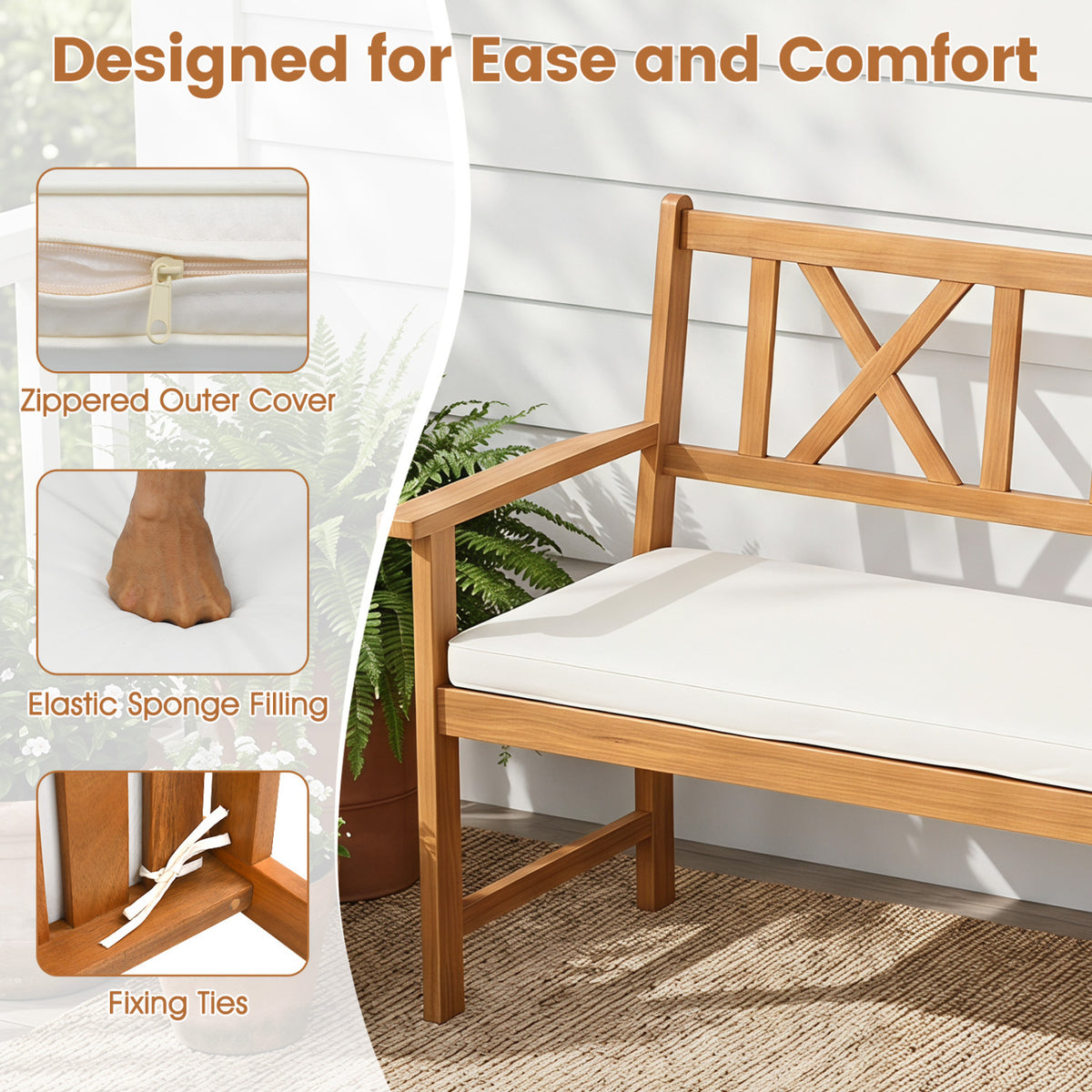 2-Person Patio Acacia Wood Garden Chair with Removable Seat Cushion-Natural&White view 9