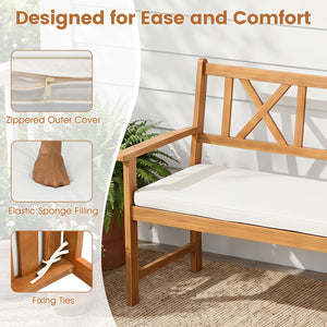 2-Person Patio Acacia Wood Garden Chair with Removable Seat Cushion-Natural&White view 9