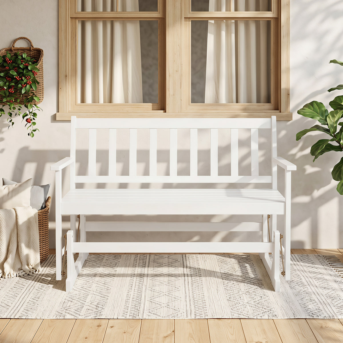 2-Person Patio Acacia Wood Glider Chair with Armrests for Porch Garden-White view 2