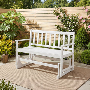 2-Person Patio Acacia Wood Glider Chair with Armrests for Porch Garden-White view 3