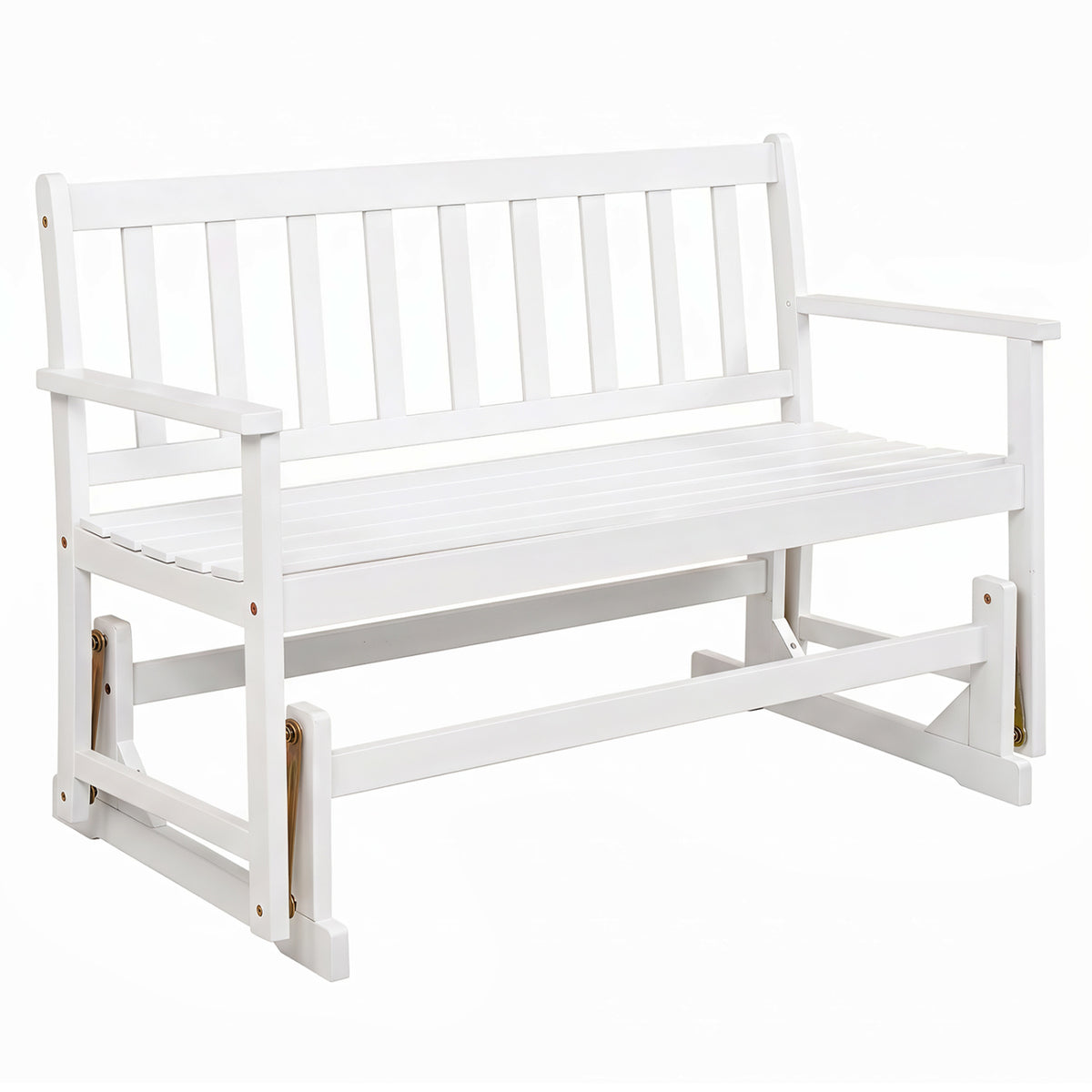 2-Person Patio Acacia Wood Glider Chair with Armrests for Porch Garden-White view 4
