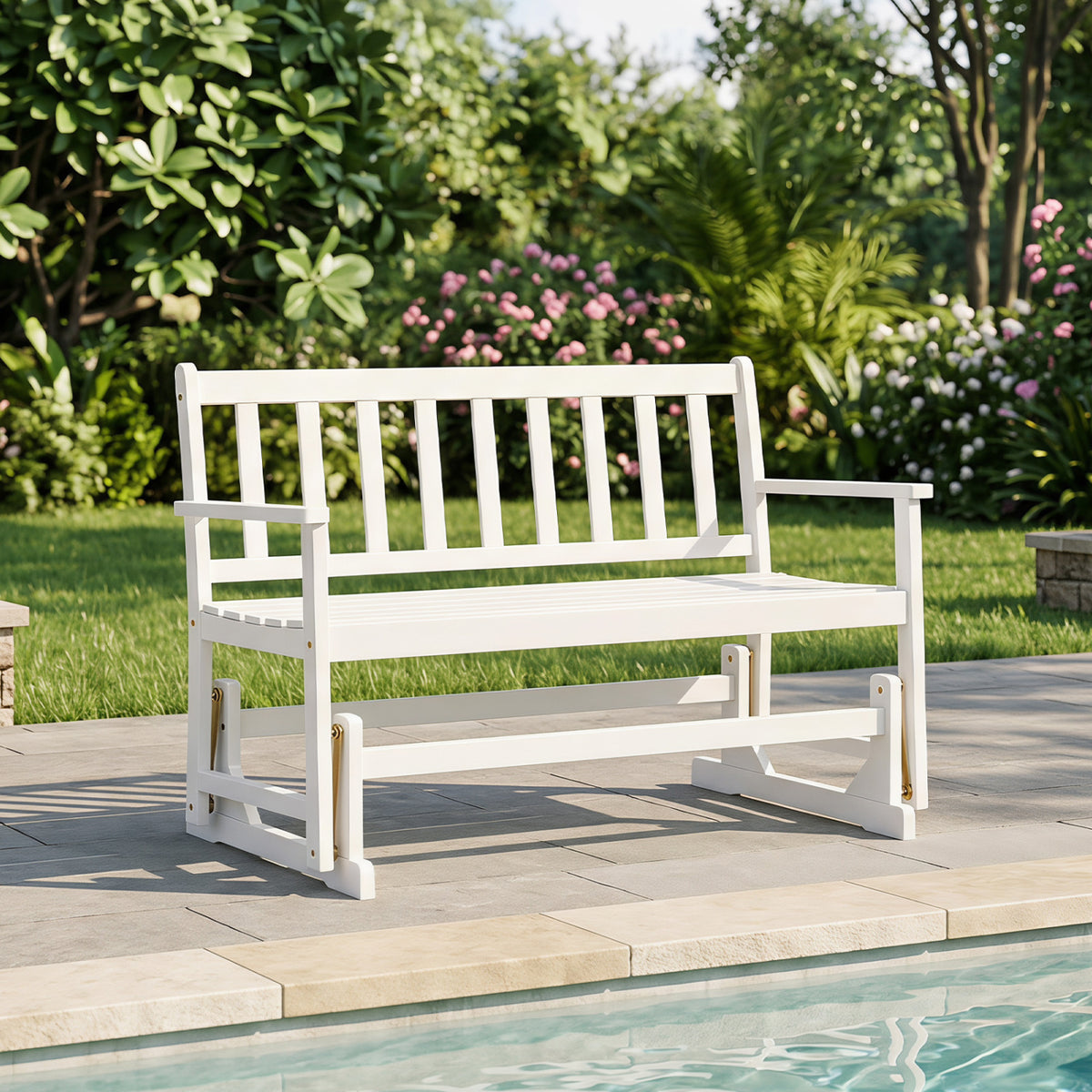 2-Person Patio Acacia Wood Glider Chair with Armrests for Porch Garden-White view 6