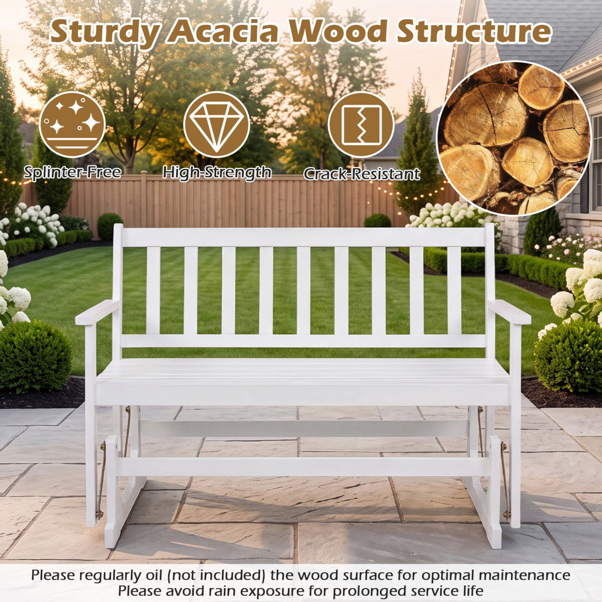 2-Person Patio Acacia Wood Glider Chair with Armrests for Porch Garden-White view 9
