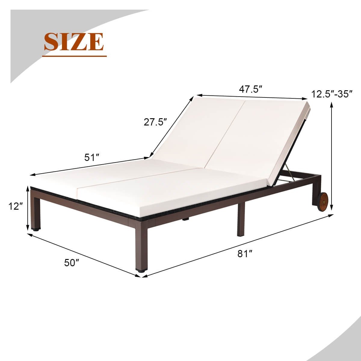 2-Person Patio Rattan Lounge Chair with Adjustable Backrest-White view 5