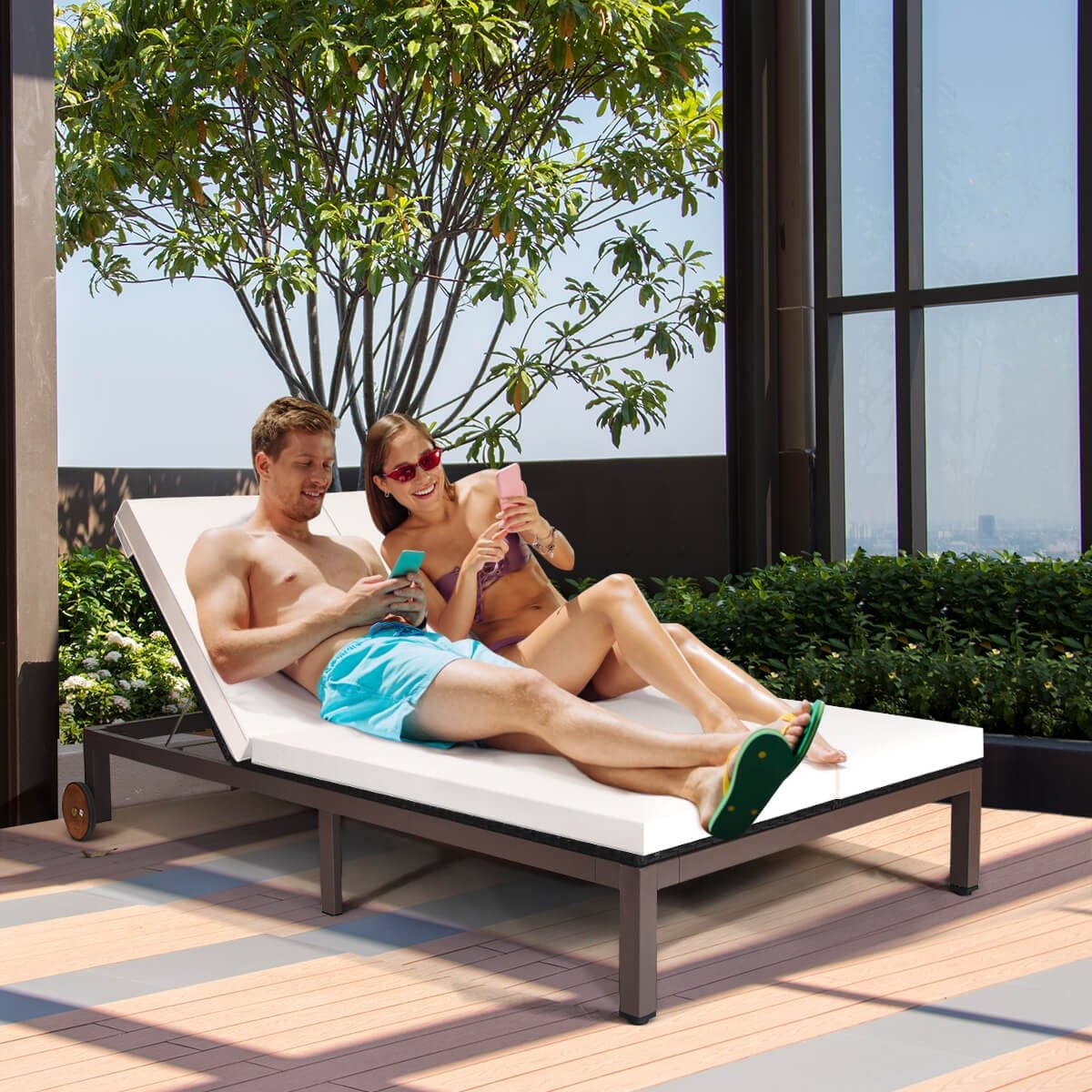 2-Person Patio Rattan Lounge Chair with Adjustable Backrest-White view 6
