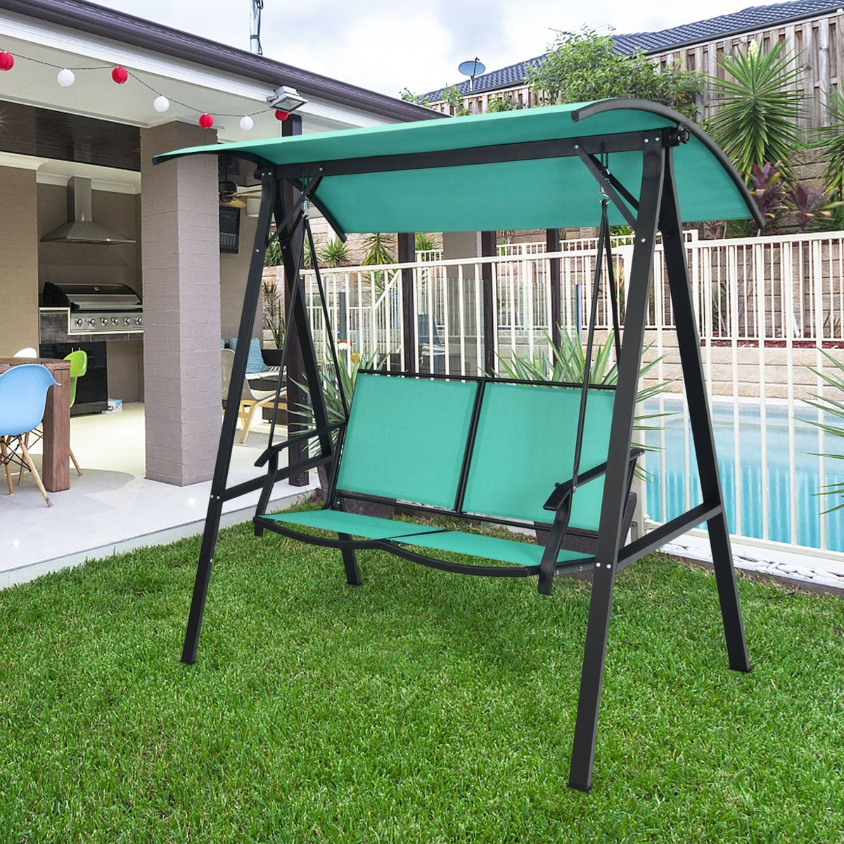 2 Person Patio Swing with Weather Resistant Glider and Adjustable Canopy-Green view 2